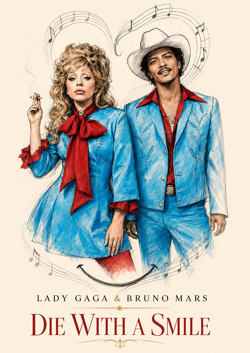 Detailed portrait illustration of Lady Gaga and Bruno Mars in vintage country attire for their song Die With A Smile